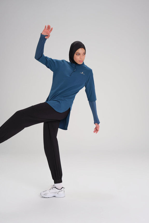 Modest Active Long-Sleeve Zippered Blue Modest Training T-Shirt